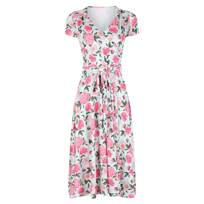 Mint Green Pink Floral Cap Sleeve Fit And Flare Midi Dress High-Waisted Skirt