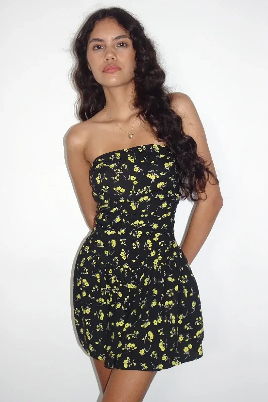 Motel Rocks Zhao Dress in Buttercup Black and Yellow Light Floral Midi