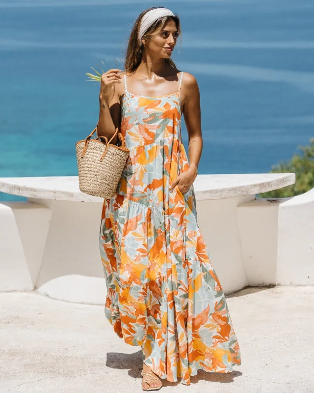 Noemi Orange Floral Maxi Dress Trendy Floral A-Line