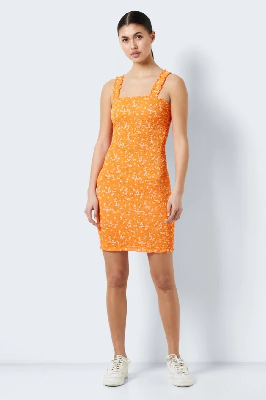 Noisy May Short Smock Dress in Orange Floral Flowy Summer Skirt