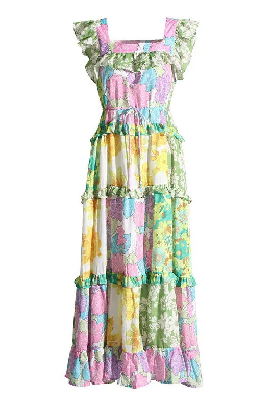 Pastoral Square Neck Tiered Floral Patchwork Printed Summer Midi Sundress Bohemian Floral Skirt