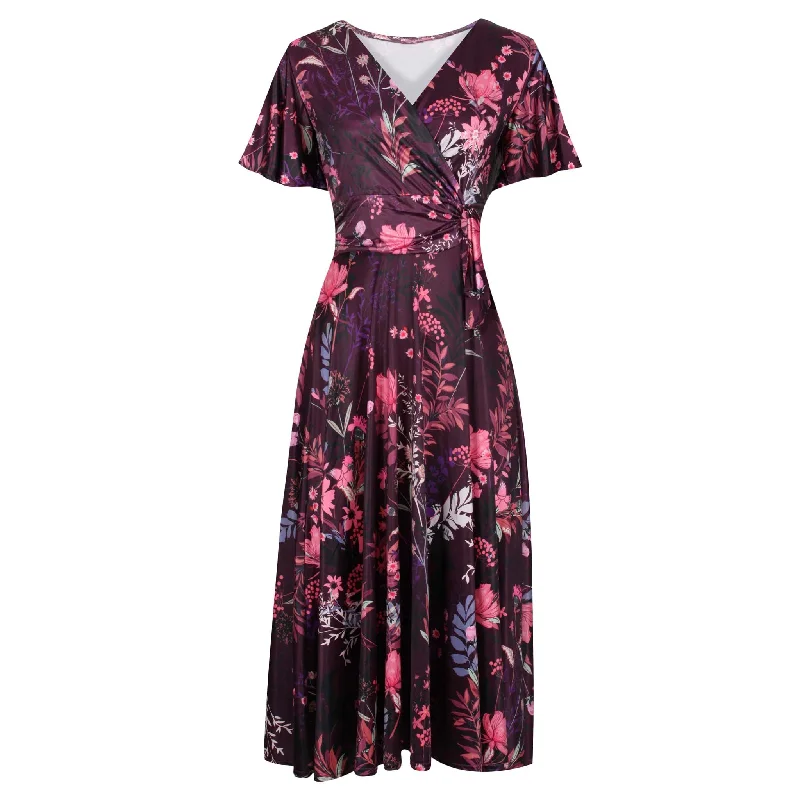 Plum Floral Print Cap Sleeve Crossover Top Vintage Swing Dress High-Waisted Skirt