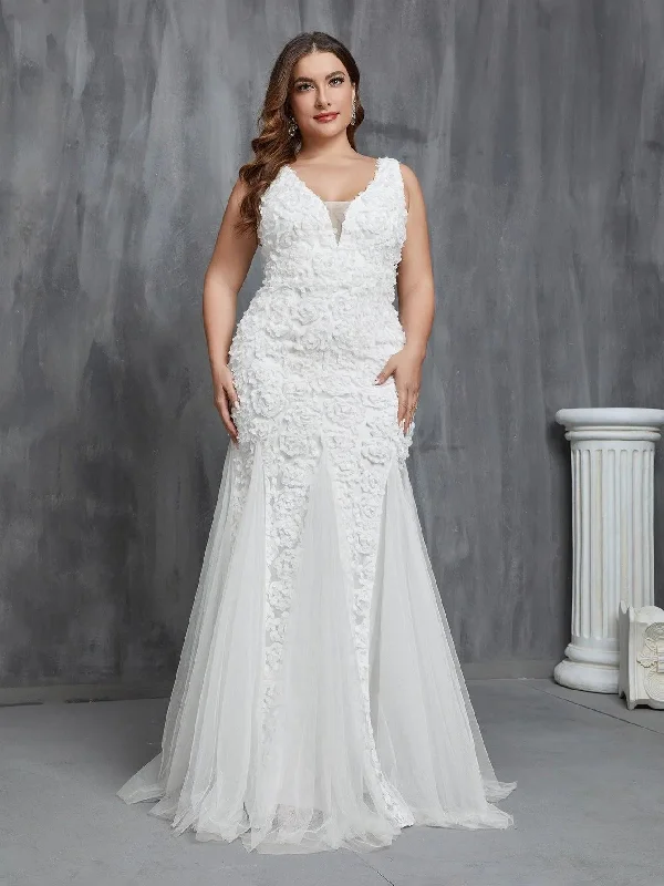 Plus Plunging Neck Mermaid Hem Wedding Dress Boho Floral Skirt