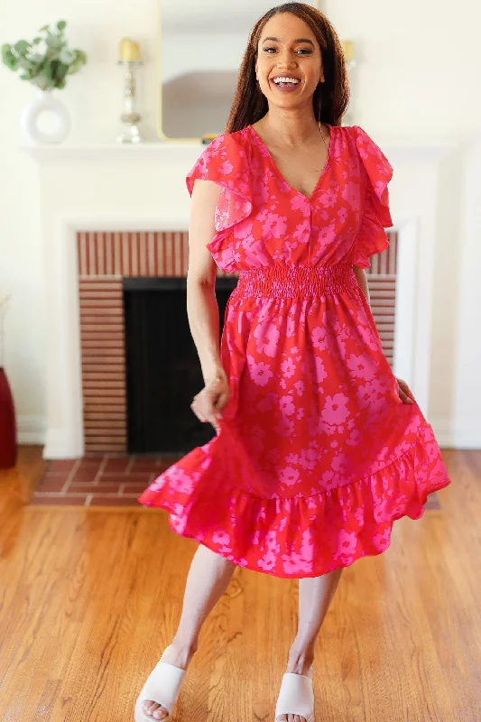 Remember Me Red & Pink Floral Print Smocked Waist Midi Dress (Open Pack) Sleek Floral A-Line Remember Me Red & Pink Floral Print Smocked Waist Midi Dress (Open Pack) Sleek Floral A-Line