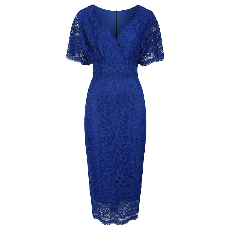 Royal Blue Vintage Lace Detail Bodycon Midi Pencil Dress Vintage Floral Print