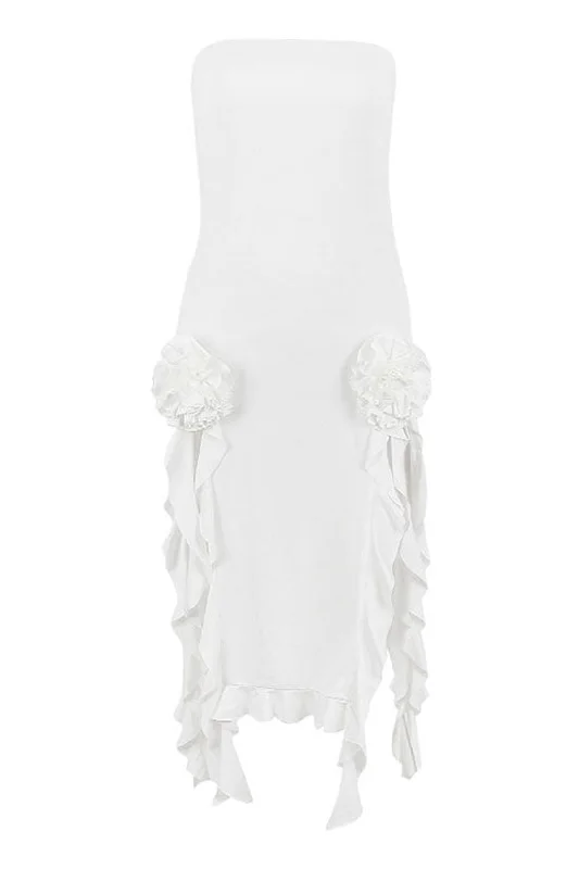 Sexy Rosette Applique Strapless Side Split Draped Ruffle Club Midi Dress Pastel Floral Skirt Sexy Rosette Applique Strapless Side Split Draped Ruffle Club Midi Dress Pastel Floral Skirt