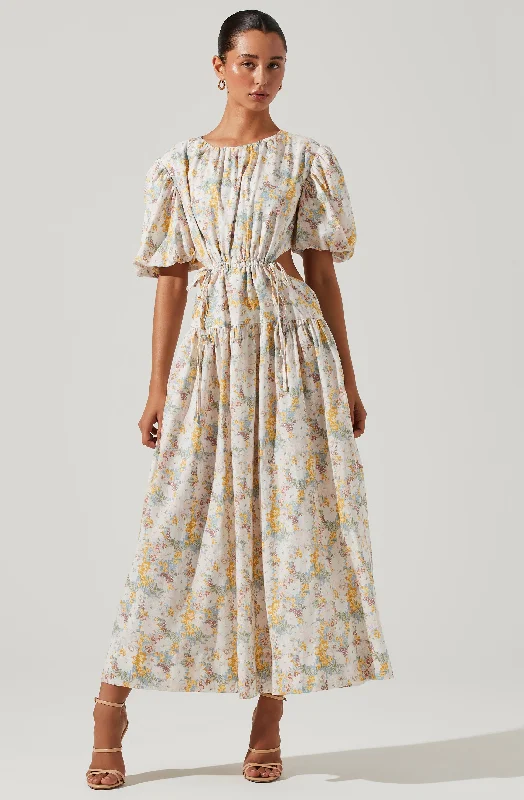 Shelby Floral Puff Sleeve Open Back Maxi Dress Feminine Skirt Style