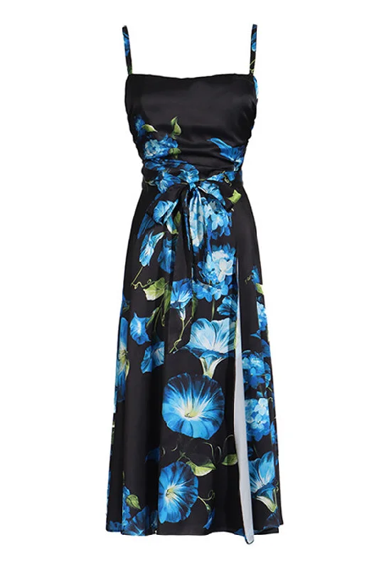 Silky Satin Floral Square Neck Ruched Tied Split Sleeveless Cocktail Midi Dress Pleated Floral Skirt Silky Satin Floral Square Neck Ruched Tied Split Sleeveless Cocktail Midi Dress Pleated Floral Skirt