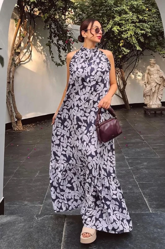 Space Blue Halter Dress Colorful Floral Skirt