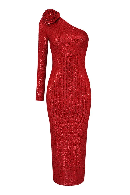 Sparkly Rosette One Shoulder Long Sleeve Sequin Cocktail Party Midi Dress Fun Floral Pattern Sparkly Rosette One Shoulder Long Sleeve Sequin Cocktail Party Midi Dress Fun Floral Pattern