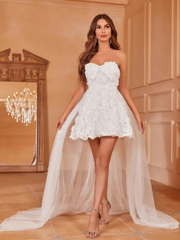 Stereo Flower Mesh Overlay Tube Wedding Dress Relaxed Floral Skirt