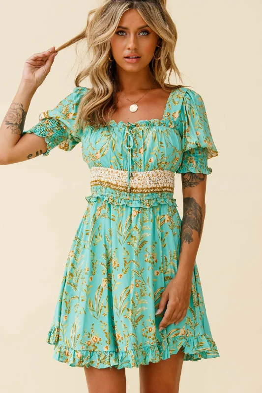 Summer In Paris Puff Sleeve Open Back Dress Botanical Print Mint Floral A-Line Skirt Summer In Paris Puff Sleeve Open Back Dress Botanical Print Mint Floral A-Line Skirt