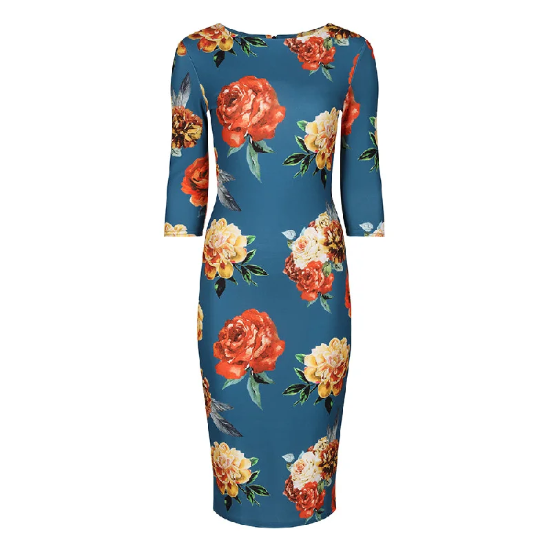 Teal Blue Rose Floral Print 3/4 Sleeve Bodycon Pencil Wiggle Dress Pleated Floral Midi Teal Blue Rose Floral Print 3/4 Sleeve Bodycon Pencil Wiggle Dress Pleated Floral Midi