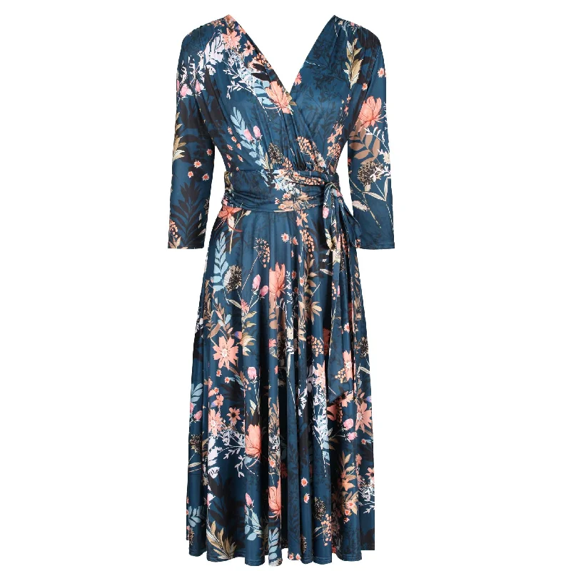 Teal Green Floral 3/4 Sleeve V Neck Crossover Top Empire Waist Tea Dress Strappy Floral Skirt Teal Green Floral 3/4 Sleeve V Neck Crossover Top Empire Waist Tea Dress Strappy Floral Skirt