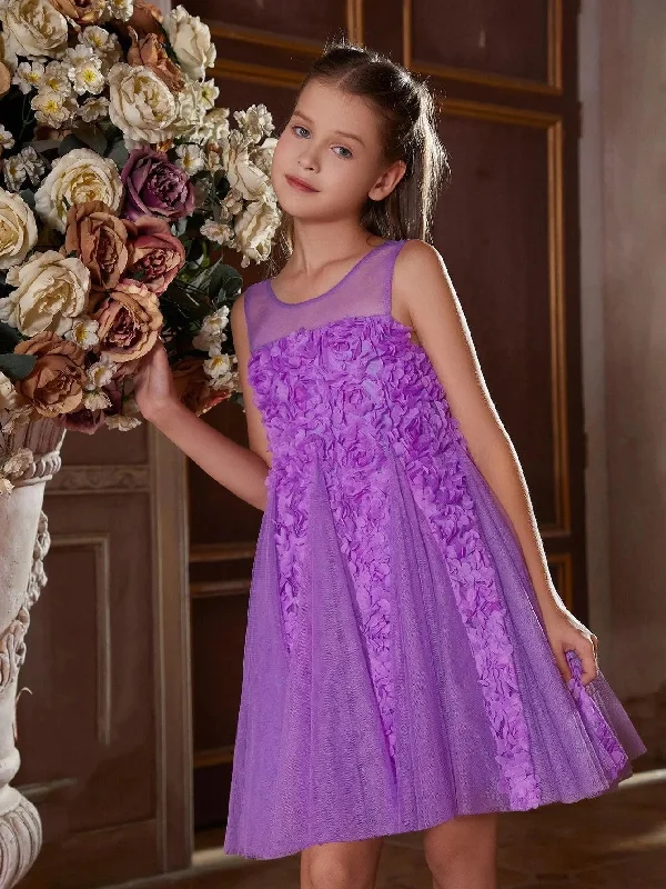 Tween Girls' Applique Contrast Mesh Sleeveless A Line Dress Fun Floral Design
