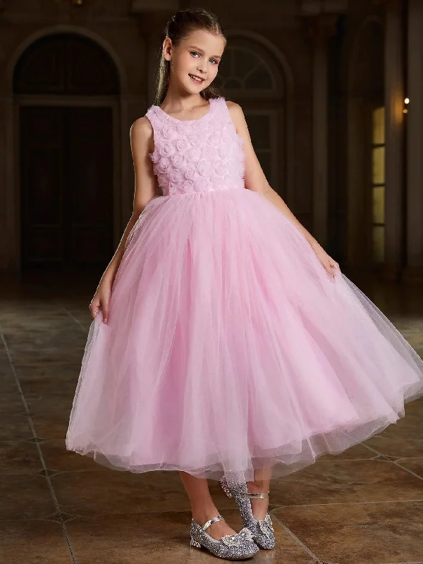Tween Girls' Applique Sleeveless Mesh Hem A Line Dress Floral Print Skirt