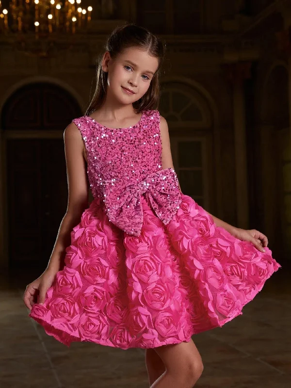 Tween Girls' Cute Applique Contrast Sequin Party Dress Floral Tiered Skirt