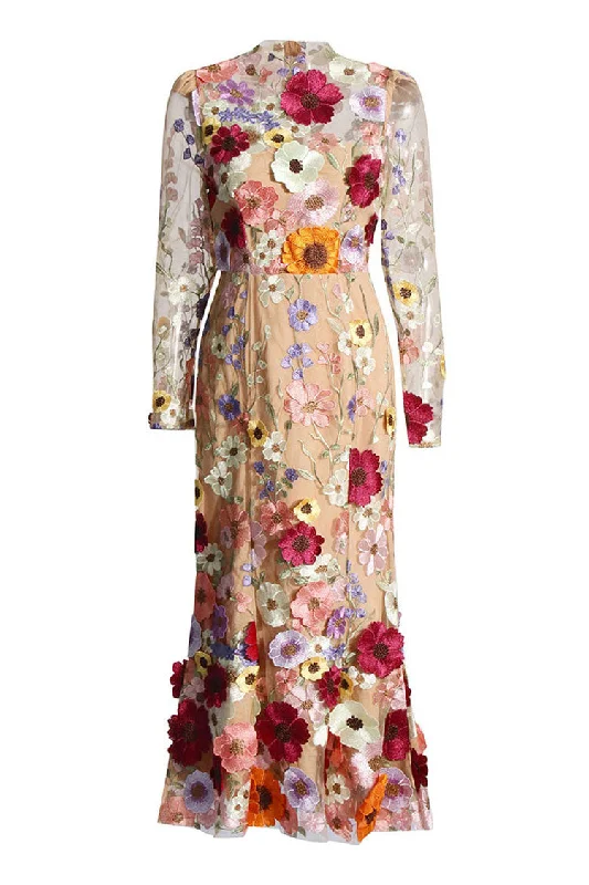 Vintage Floral Embroidered Sheer Mesh Long Sleeve Fishtail Midi Dress Soft Pleated Skirt Vintage Floral Embroidered Sheer Mesh Long Sleeve Fishtail Midi Dress Soft Pleated Skirt