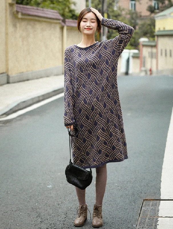Vintage Loose Blue Sweater Dresses Women Causal Winter Clothes Q81056 Soft Floral Pleats Vintage Loose Blue Sweater Dresses Women Causal Winter Clothes Q81056 Soft Floral Pleats