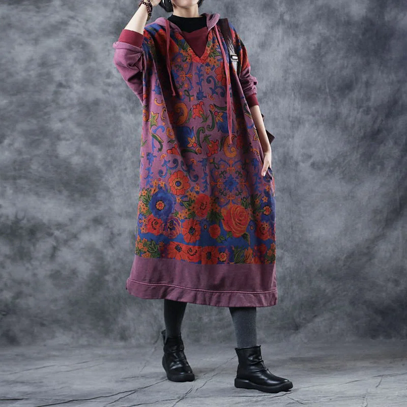 Vintage Loose Hoodie Print Long Fleece Dresses  For Women W3370 Elegant Floral Midi
