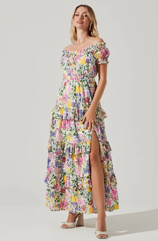 Viona Floral Off Shoulder Tiered Maxi Dress Sleek Floral A-Line