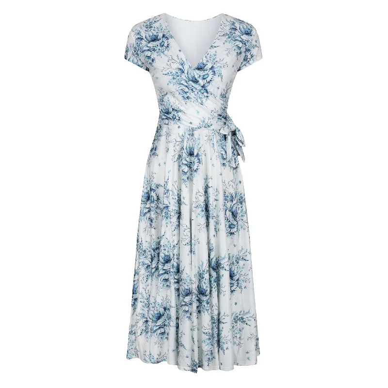 White And Blue Floral Print Cap Sleeve Crossover Top Swing Dress Soft Rayon Skirt