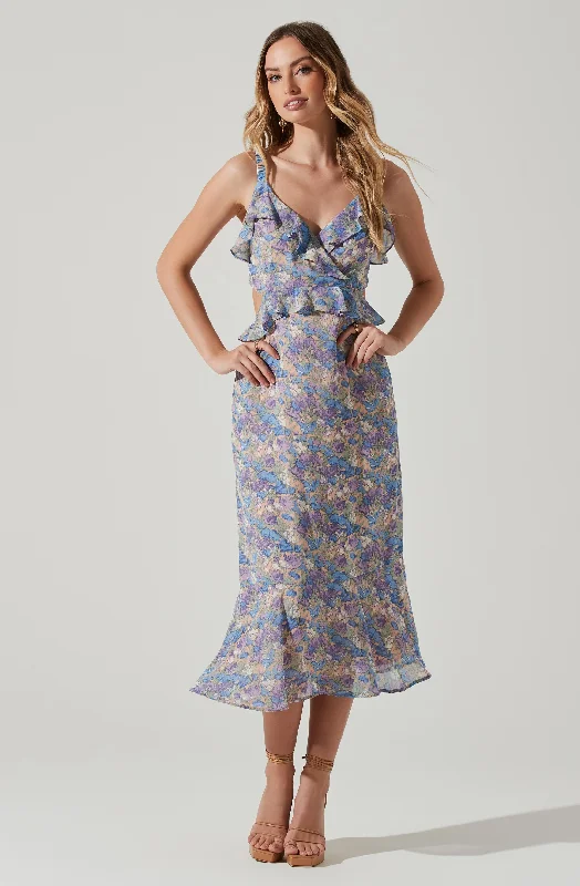 Wildflower Ruffle Cutout Midi Dress Lightweight Floral Skirt