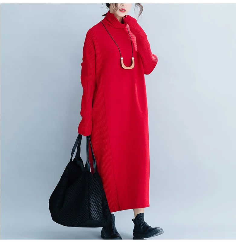 Women Loose High Neck Maxi Sweater Dresses Q26118 Chic Floral Skirt