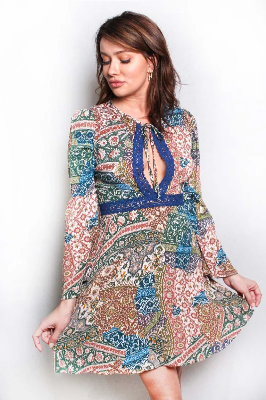 Women's Long Sleeve Embroidered Floral Print Mini Dress Colorful Printed Skirt