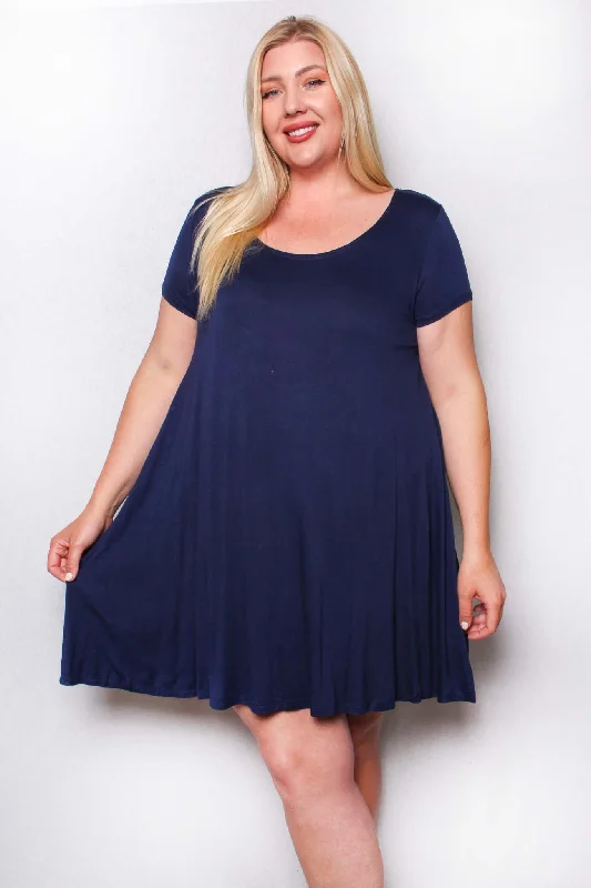 Women's Plus Short Sleeve Scoop Neck Solid Mini Dress Flowing Floral Skirt