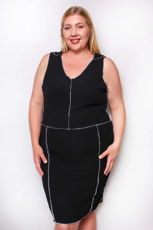 Women's Plus Sleeveless V Neck Plain Dress Feminine Pleated Skirt