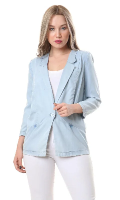93119 Solid Simple Notched Lapel Dusty Blue Blazer Blouse Shirt Tunic