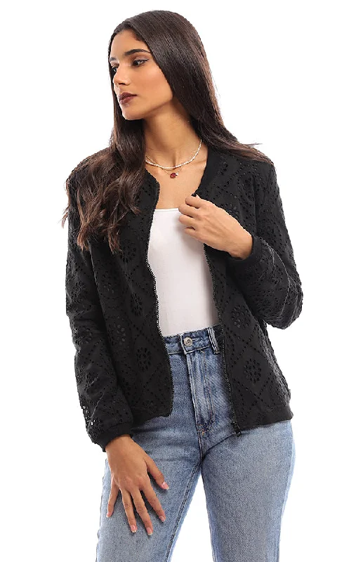 95390 Trendy Perforated Zipper Casual Jacket - Black Hooded Caped Scarf