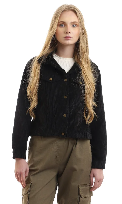 95894 Casual Corduroy Casual Black Jacket Buttoned Zippered Snapped
