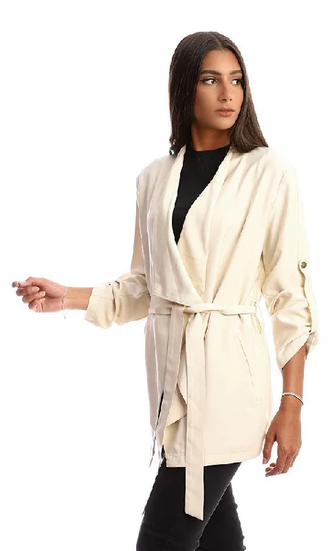 96743 Open Neckline Casual Jacket With Side Pockets - Beige Cuffed Rolled Raglan