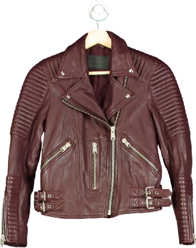 AllSaints Burgundy Leather Estella Biker Jacket UK 6 Plush Faux Fur Bolero