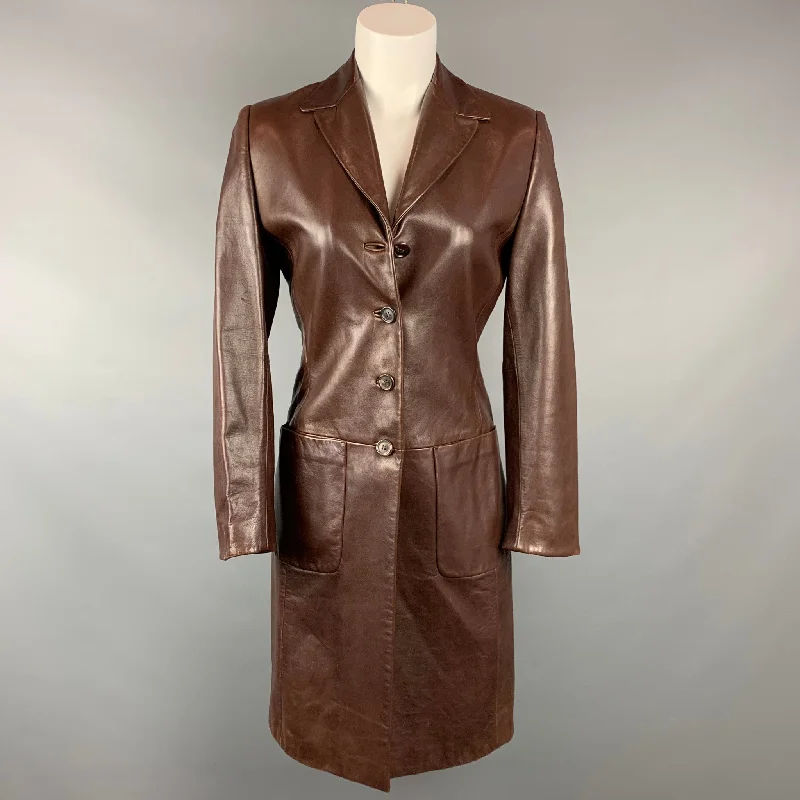 ANTONIO FUSCO Size 2 Brown Leather Buttoned Coat Striped Polka Dot Floral