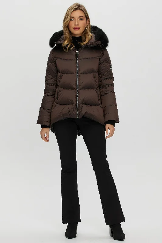 Après-Ski Jacket with Detachable Toscana Shearling Lamb Hood Trim Modern Asymmetric Coat Après-Ski Jacket with Detachable Toscana Shearling Lamb Hood Trim Modern Asymmetric Coat