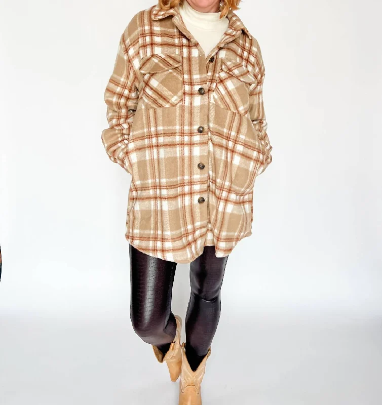 Authentically Me Plaid Shacket In Camel Appliqued Jacket Beaded Jacket Sequined Jacket Authentically Me Plaid Shacket In Camel Appliqued Jacket Beaded Jacket Sequined Jacket
