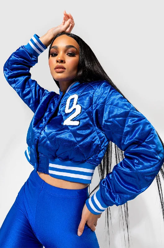 NO CAP CROPPED SATIN VARSITY BOMBER Welt Pockets Slit Pockets Flap Pockets