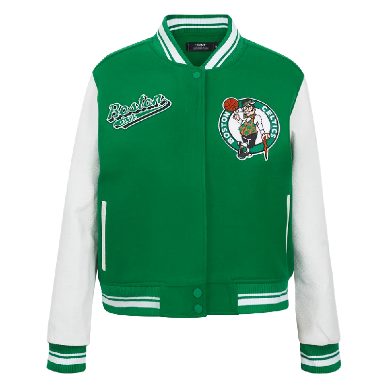 NBA BOSTON CELTICS SCRIPT TAIL WOMEN'S WOOL VARSITY JACKET (KELLY GREEN/ WHITE) Waterproof Rain Jacket