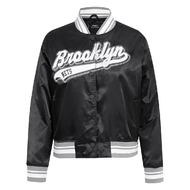 NBA BROOKLYN NETS SCRIPT TAIL WOMEN'S SATIN JACKET (BLACK/GRAY) Chic Oversized Blazer NBA BROOKLYN NETS SCRIPT TAIL WOMEN'S SATIN JACKET (BLACK/GRAY) Chic Oversized Blazer