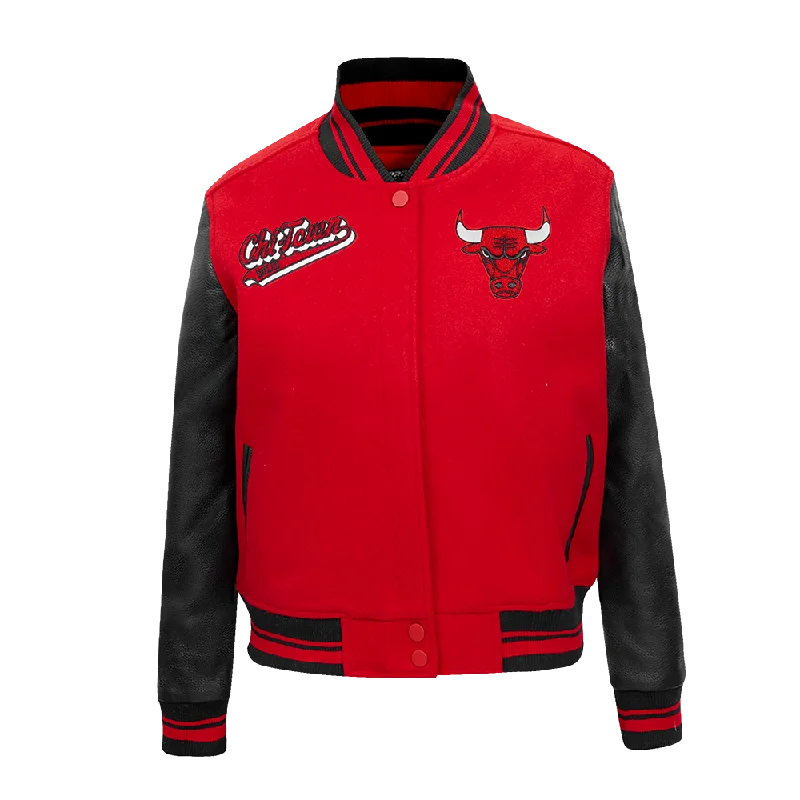 NBA CHICAGO BULLS SCRIPT TAIL WOMEN'S RIB WOOL VARSITY JACKET (RED/BLACK) Soft Flannel Shacket