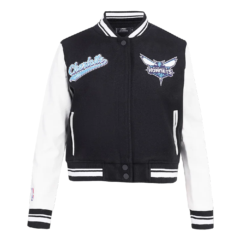 NBA CHARLOTTE HORNETS SCRIPT TAIL WOMEN'S WOOL VARSITY JACKET (BLACK/WHITE) Cropped Moto Jacket