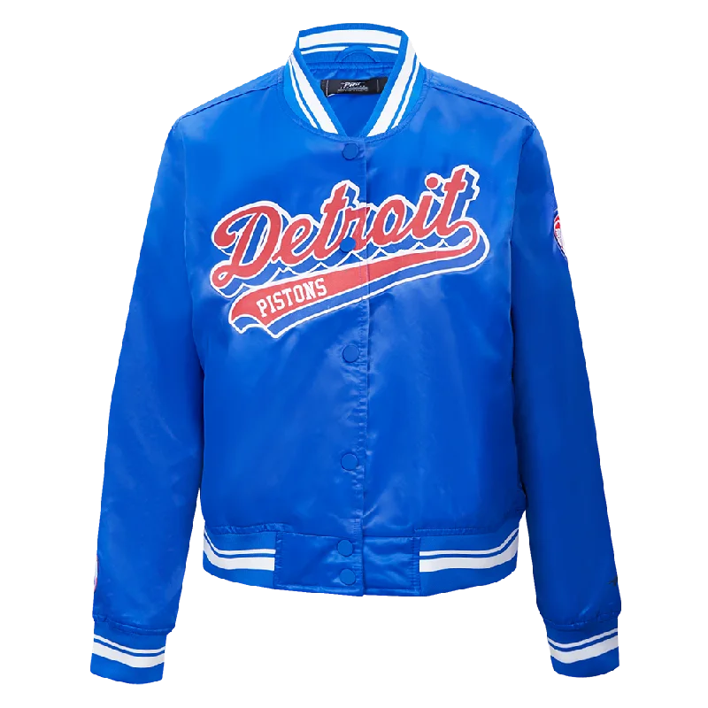 NBA DETROIT PISTONS SCRIPT TAIL WOMEN'S SATIN JACKET (ROYAL BLUE) Puff Sleeve Overcoat