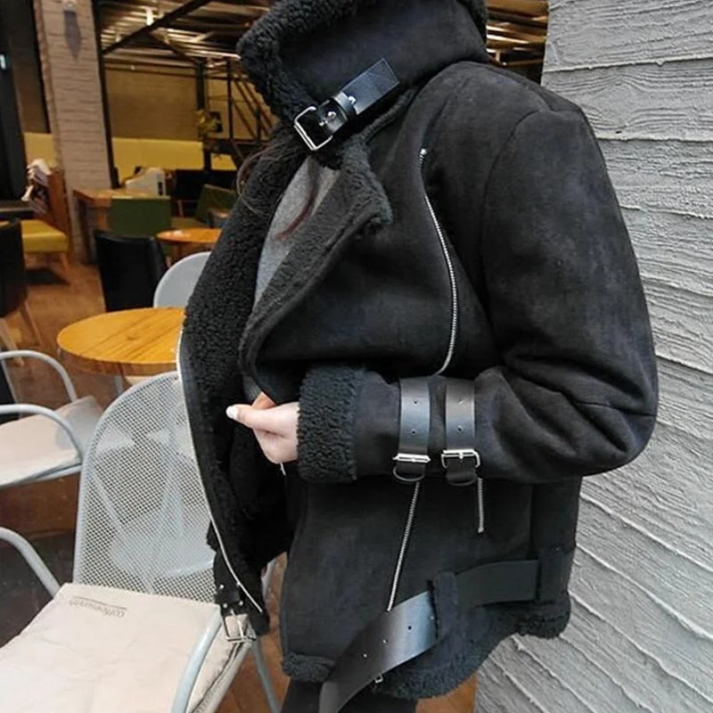 Black Faux Fur Turn-down Collar Jacket Draped Longline Jacket