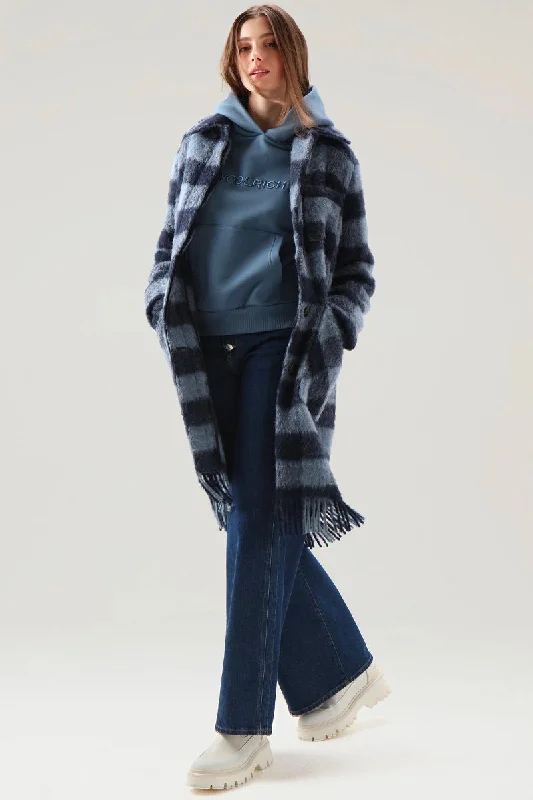 Brushed Wool Long Overshirt with Fringe Blue Buffalo Warm Hooded Poncho