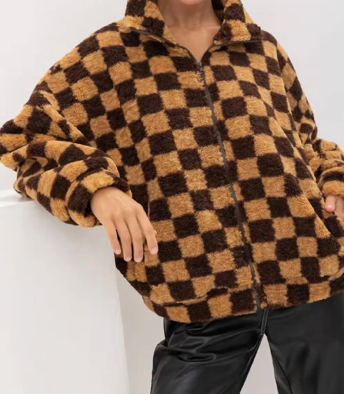Checkered Faux Fur Jacket In Brown Faux Fur Jacket Real Fur Jacket Shearling Jacket
