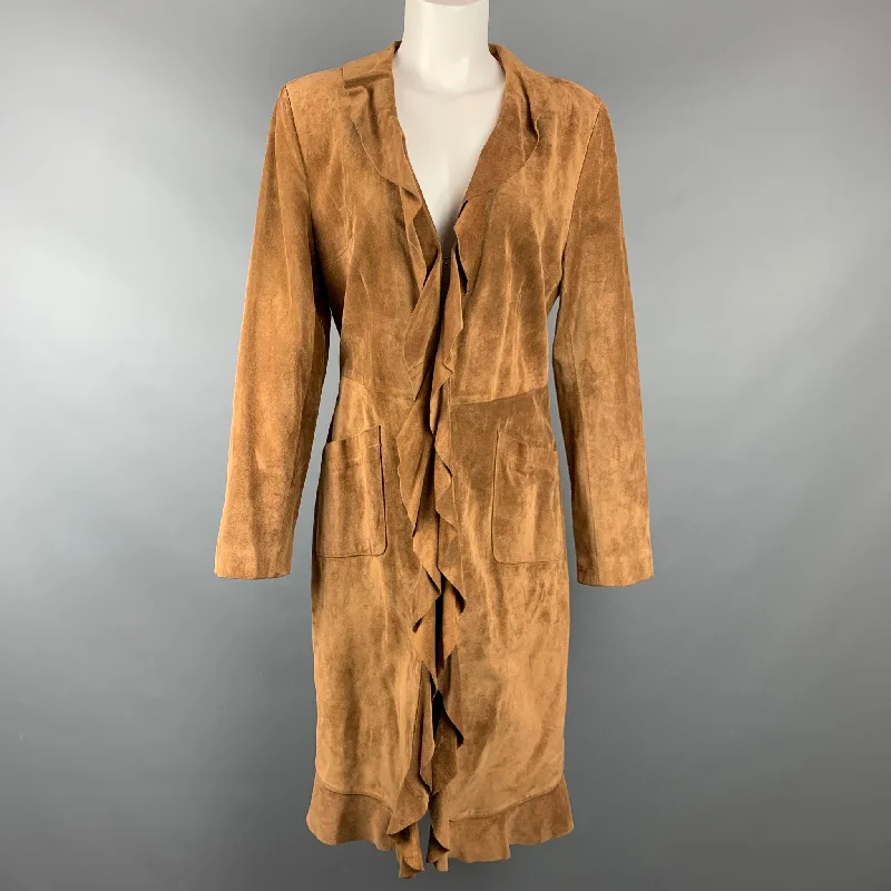 CHRISTIANE CELLE Size S Tan Suede Ruffled Coat Sleeveless Short Sleeve Long Sleeve