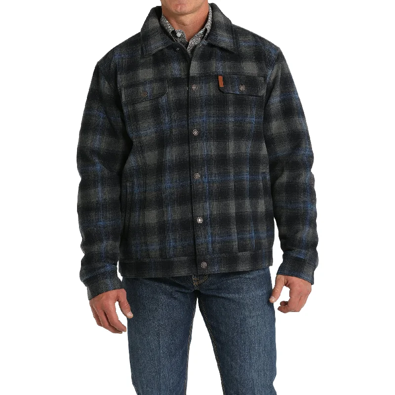 Cinch Men's Lined Navy & Grey Plaid Trucker Jacket MWJ1921001 Shawl Collar Notch Collar Lapel Collar Cinch Men's Lined Navy & Grey Plaid Trucker Jacket MWJ1921001 Shawl Collar Notch Collar Lapel Collar